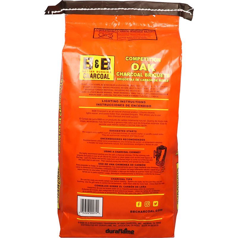 Back of bag of B&B Oak Charcoal Competition Briquets or charcoal briquette