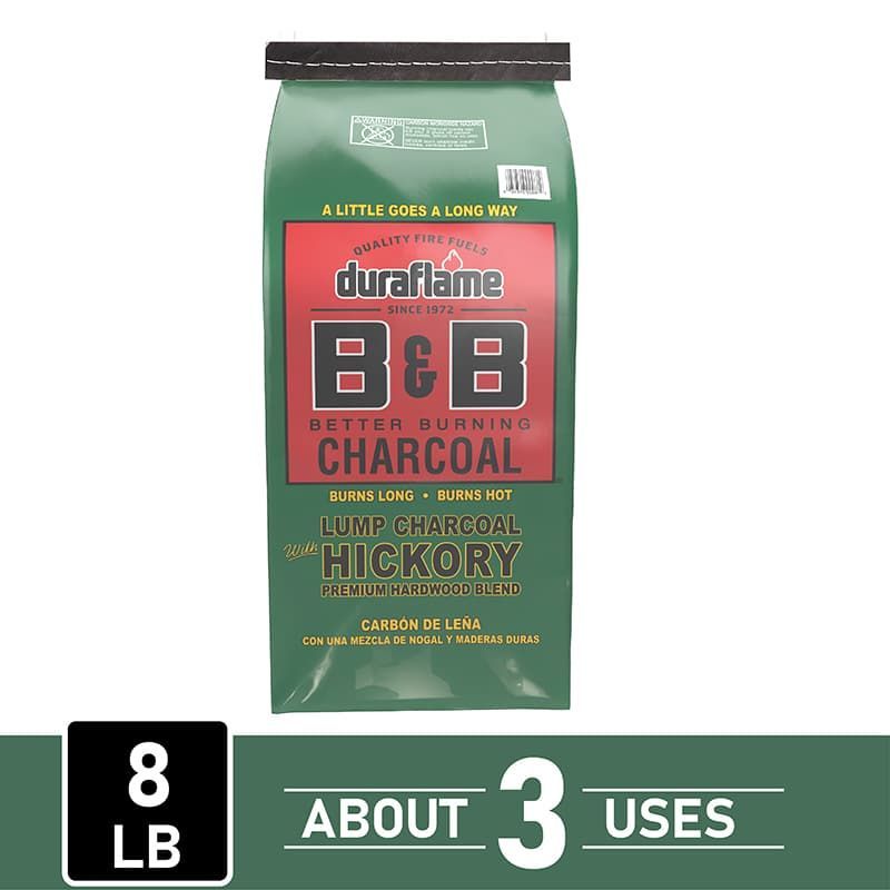 B&B 8 lb hickory wood lump charcoal bag, hickory flavor, with “about 3 uses” label with co branding 