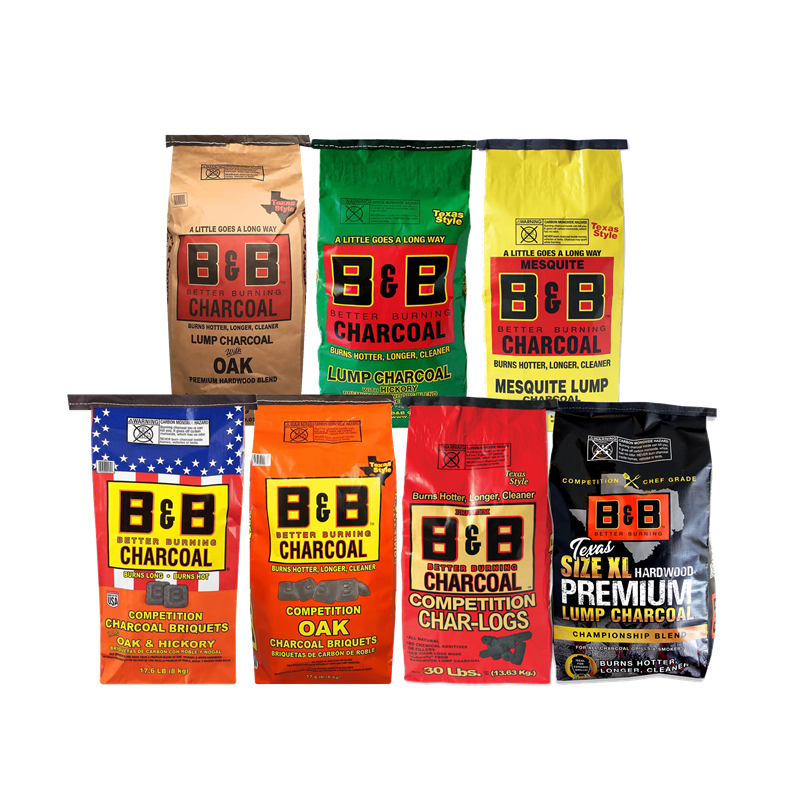 Learn more B&B charcoal products, oak wood charcoal, hickory lump charcoal, mesquite lump charcoal, oak & hickory charcoal briquets, oak charcoal briquets, competition char-logs, xl premium lump charcoal