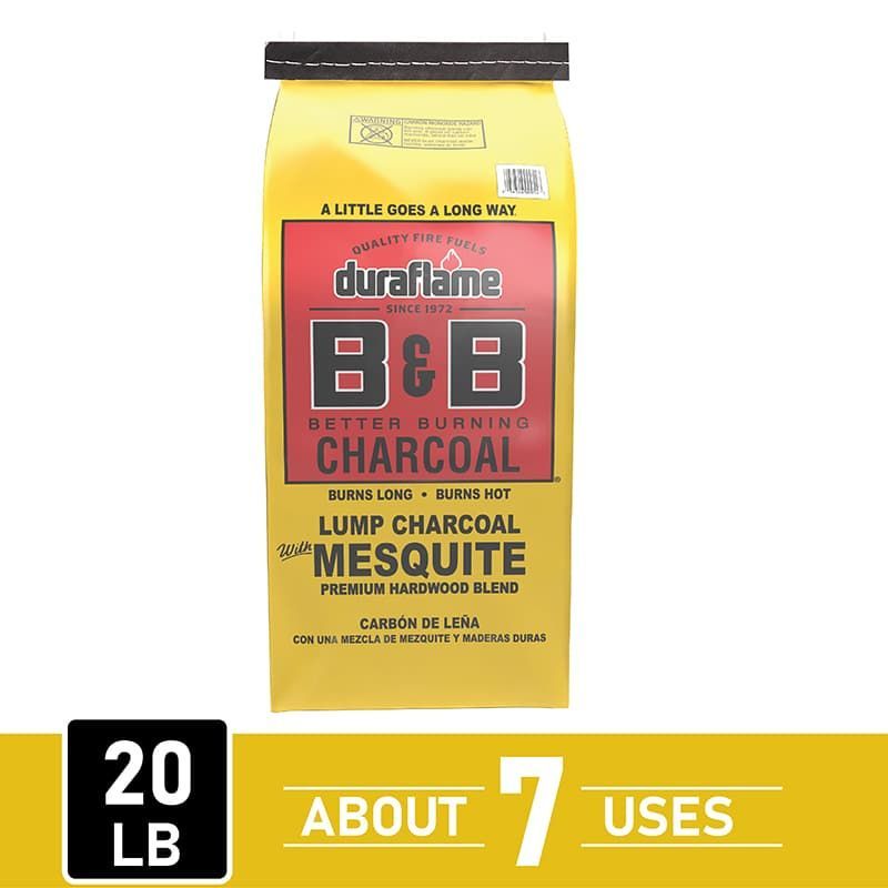 Yellow 820b bag of B&B Mesquite lump charcoal with “about 7 uses” label with co branding 