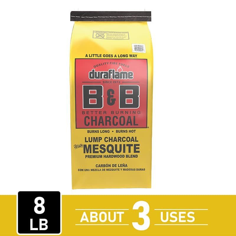 Yellow 8lb bag of B&B Mesquite lump charcoal with “about 3 uses” label with co branding 