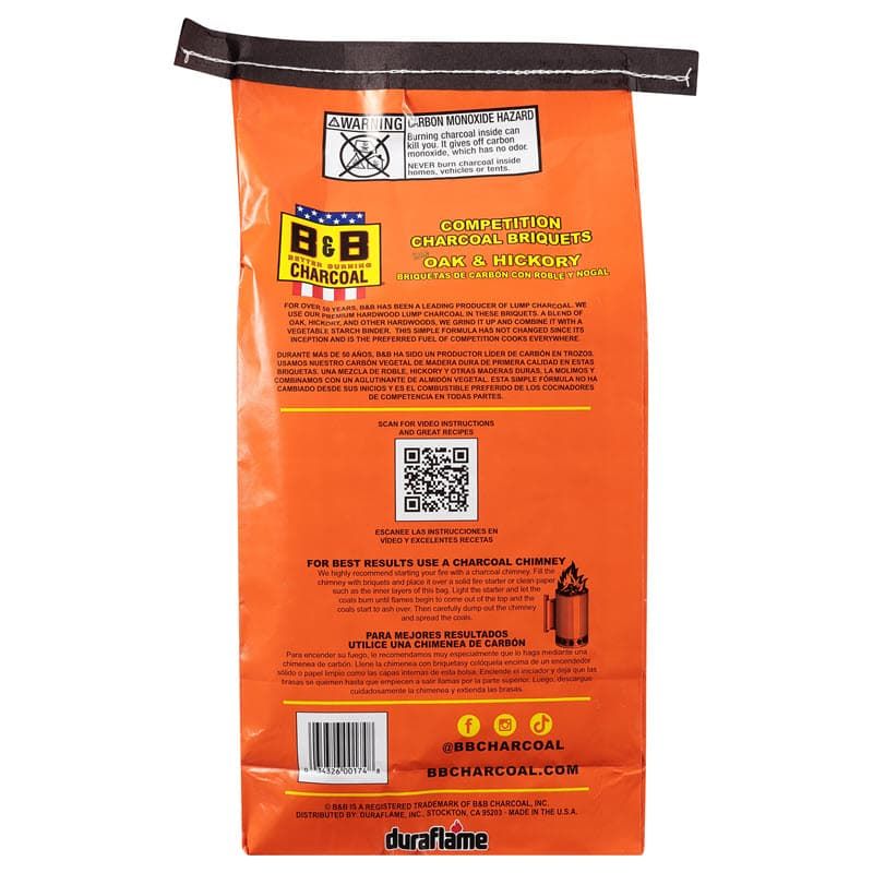 Back of bag of B&B charcoal competition oak and hickory charcoal,competition oak and hickory briquets,competition oak and hickory charcoal