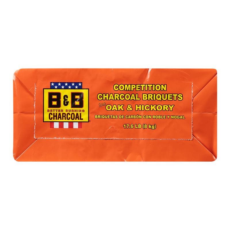 Side of bag of B&B charcoal competition oak and hickory charcoal,competition oak and hickory briquets,competition oak and hickory charcoal