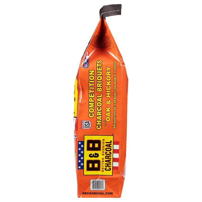 Side of bag of B&B charcoal competition oak and hickory charcoal,competition oak and hickory briquets,competition oak and hickory charcoal