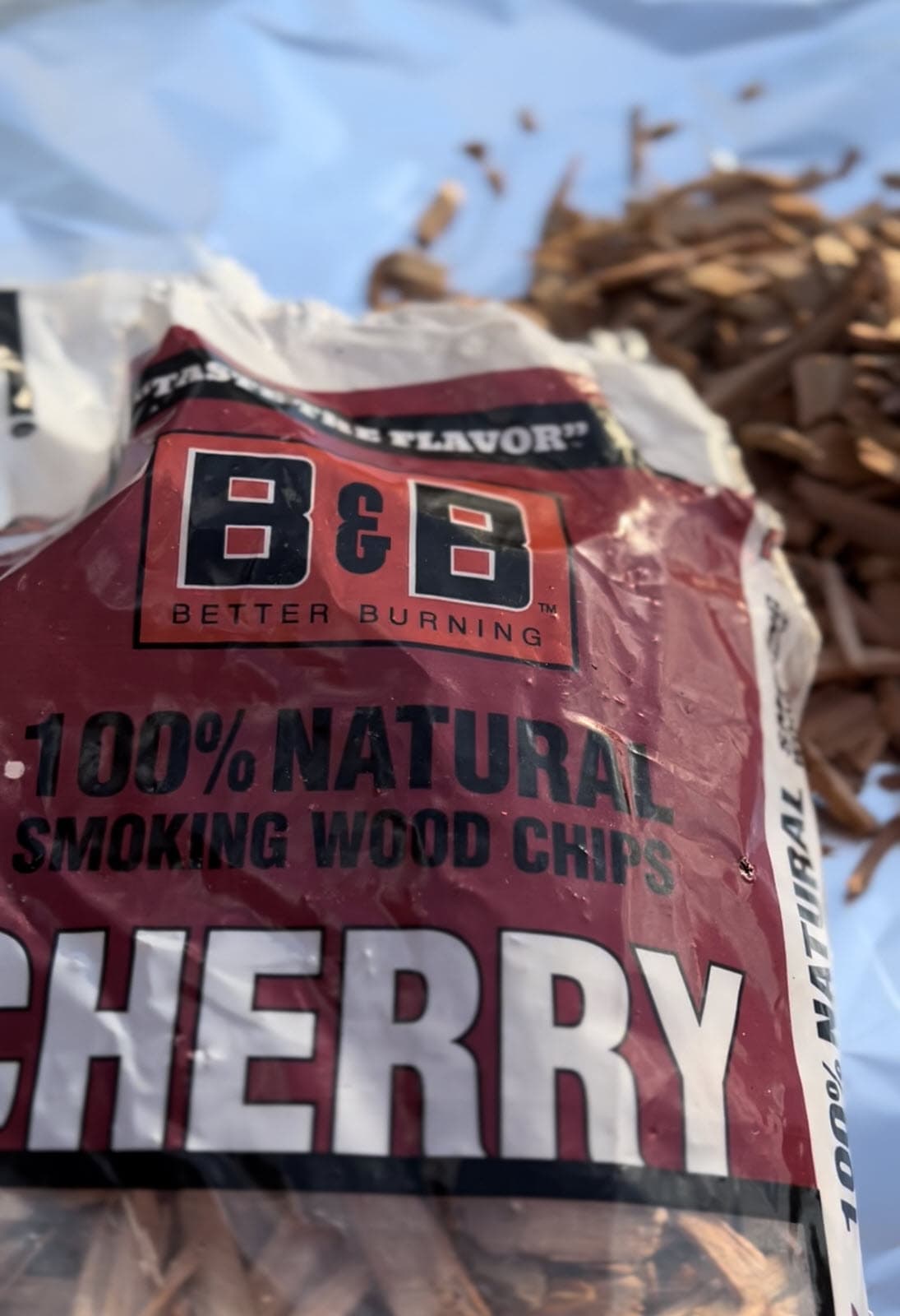 Close up of a bag of B&B Cherry Smoking Wood Chips