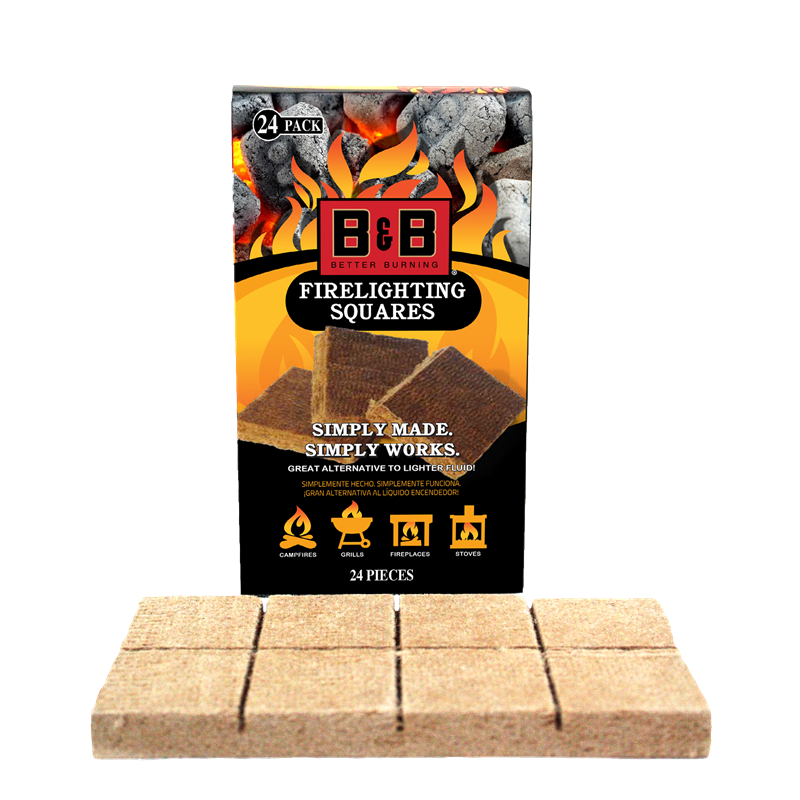 a box of b & b fire starters with firelighting squares in foreground