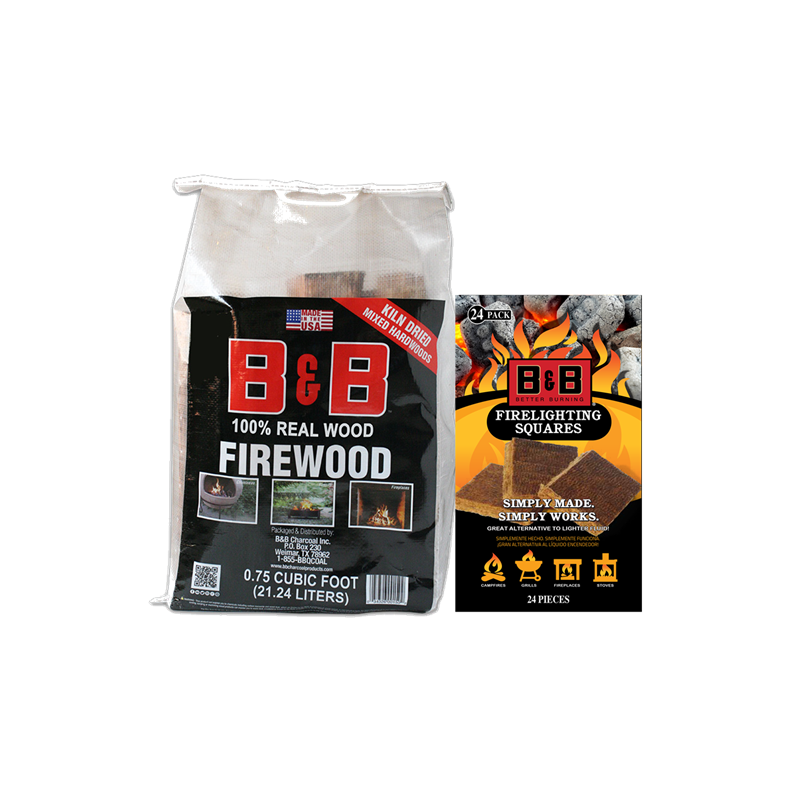 Learn More a bag of B&B firewood next to a box of B&B firelighting squares