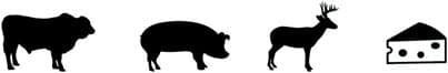 Hickory Cooking Wood food pairings, including icons of a cow, pig, deer & cheese