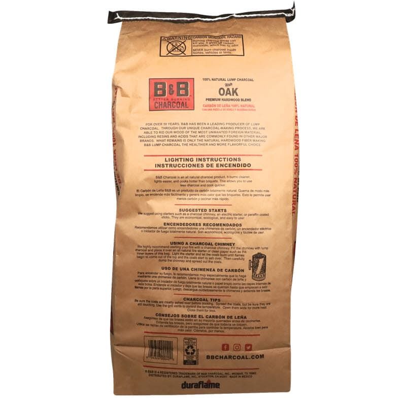 Back of bag of B&B Oak Premium Hardwood Lump Charcoal 20lb bag for charcoal grilling, , oak lump charcoal for bbq