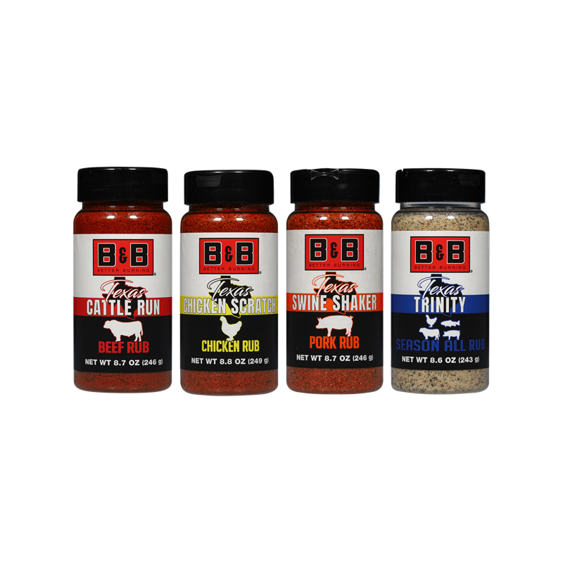 Learn More Four B&B barbecue seasoning bottles: Beef Rub (white & red bottle), Chicken Rub (white & yellow bottle), Pork Rub (white & orange bottle), and Season All Rub (white & blue bottle).