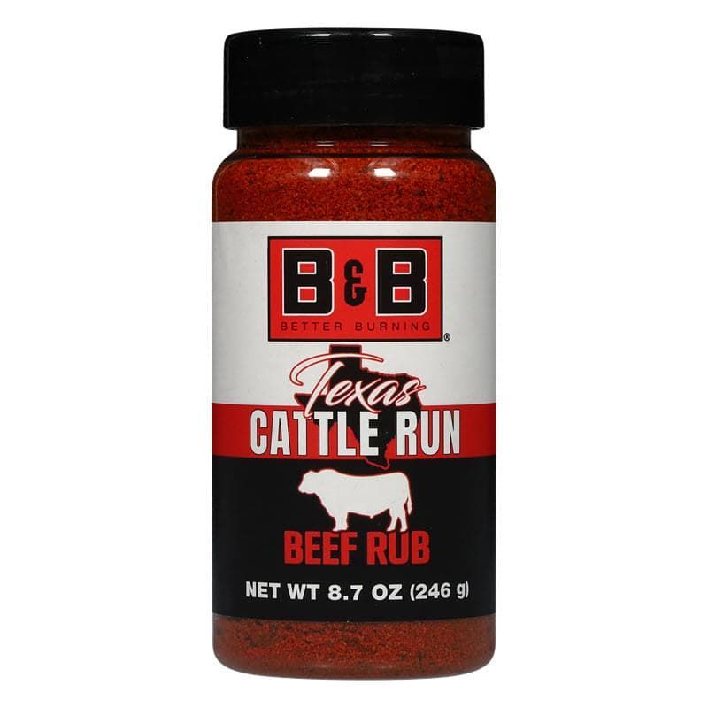 Learn More Bottle of B&B Texas Cattle Run beef rub, made with beef spices like paprika spice and beef seasoning, rib rub, steak rub