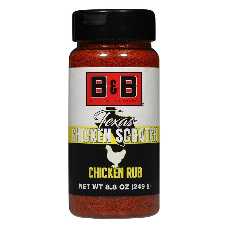 Learn More Bottle of B&B Texas Chicken Scratch chicken seasoning & chicken spices for grilled and barbecued chicken