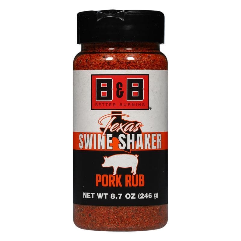 Learn More Bottle of B&B Texas Swine Shaker pork rub has pork spices & pork seasoning for great flavor, pulled pork rub, pork chop rub, seasoning for pork, rib rub