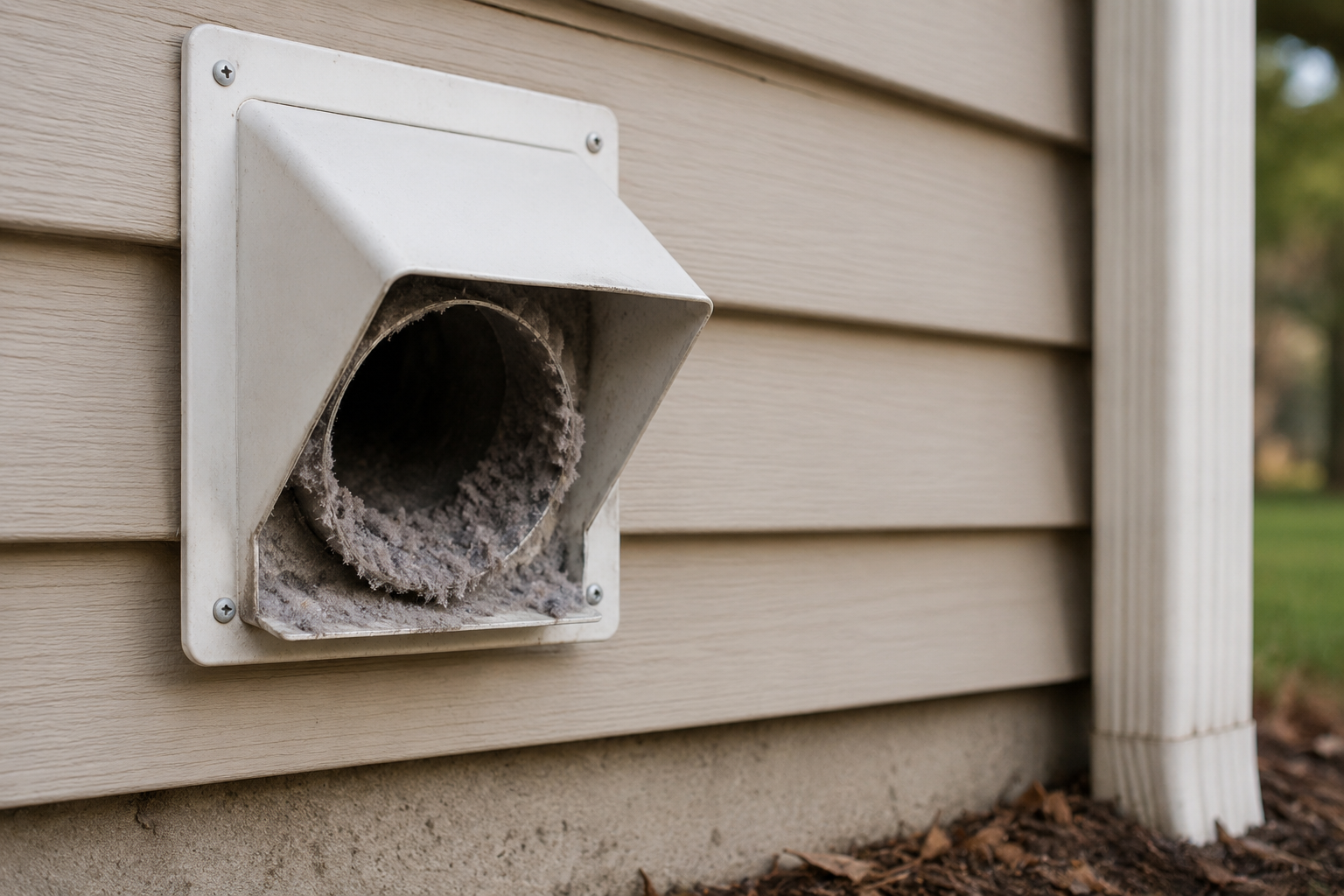Dryer vent with lint buildup protruding from a white exterior vent on beige house siding