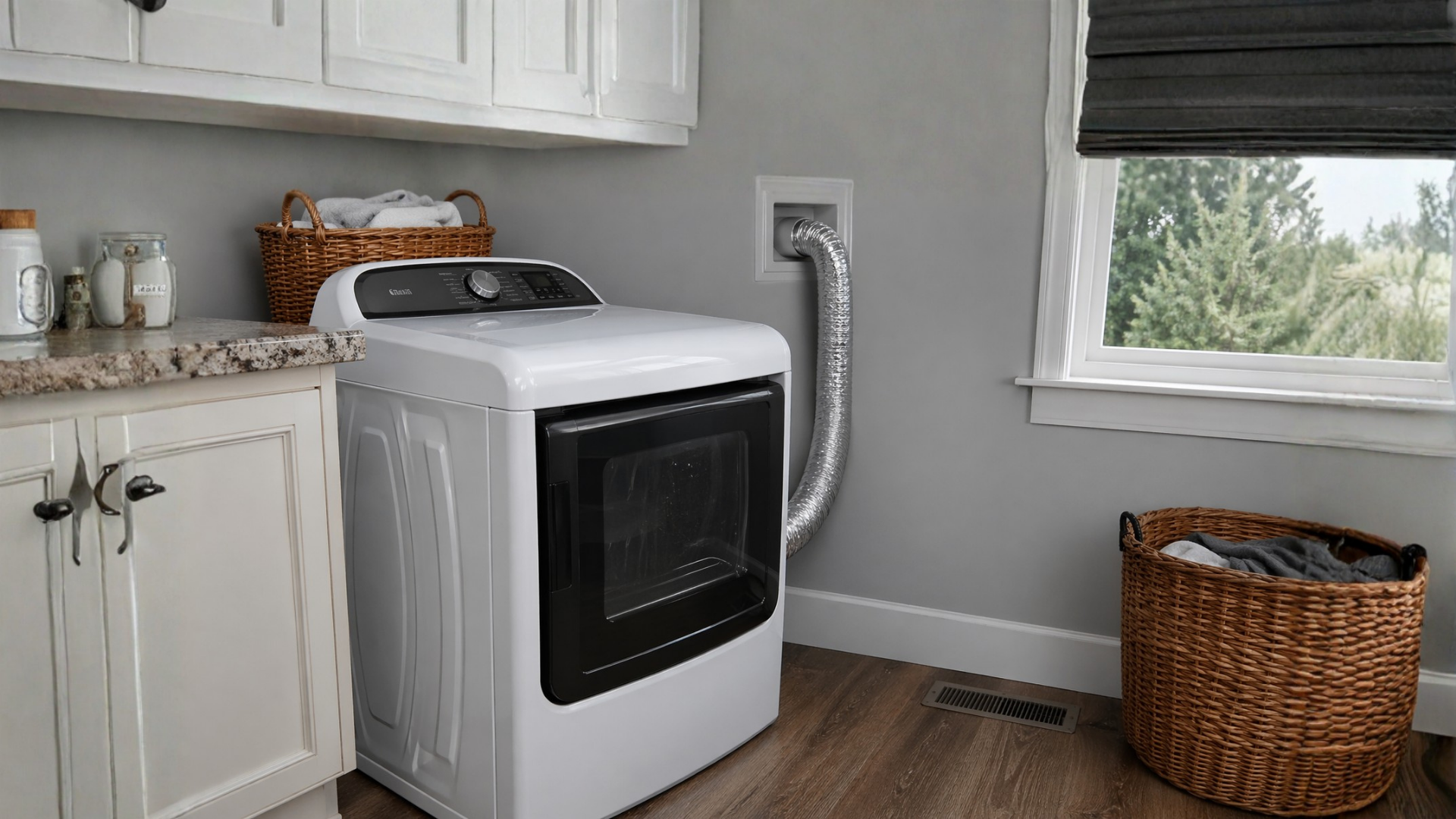 Laundry room with white washer and dryer, wicker hamper, and a window with a view of trees