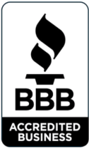 A black and white logo for an accredited business.