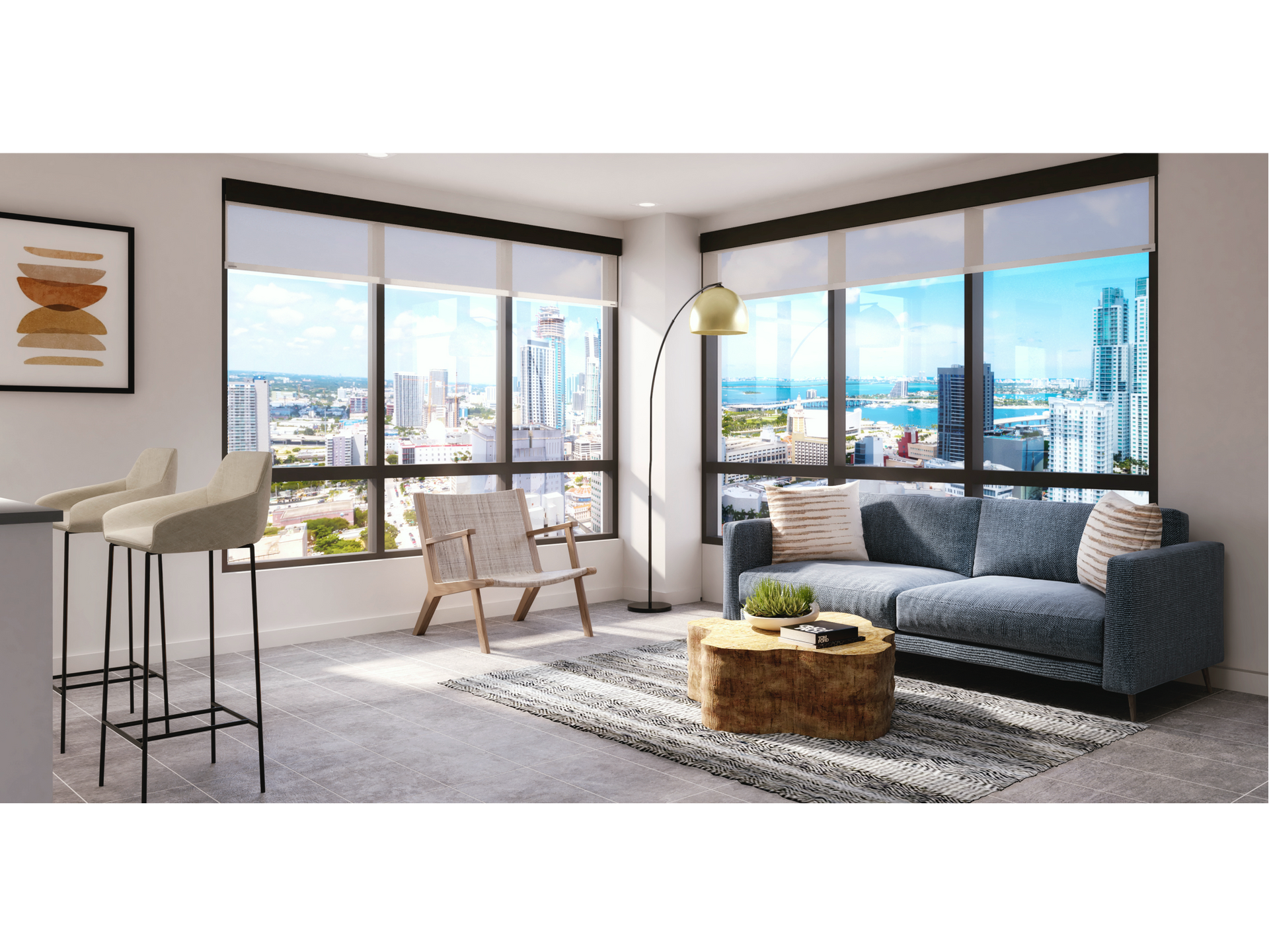 Modern apartment living room with large corner windows and city skyline view.