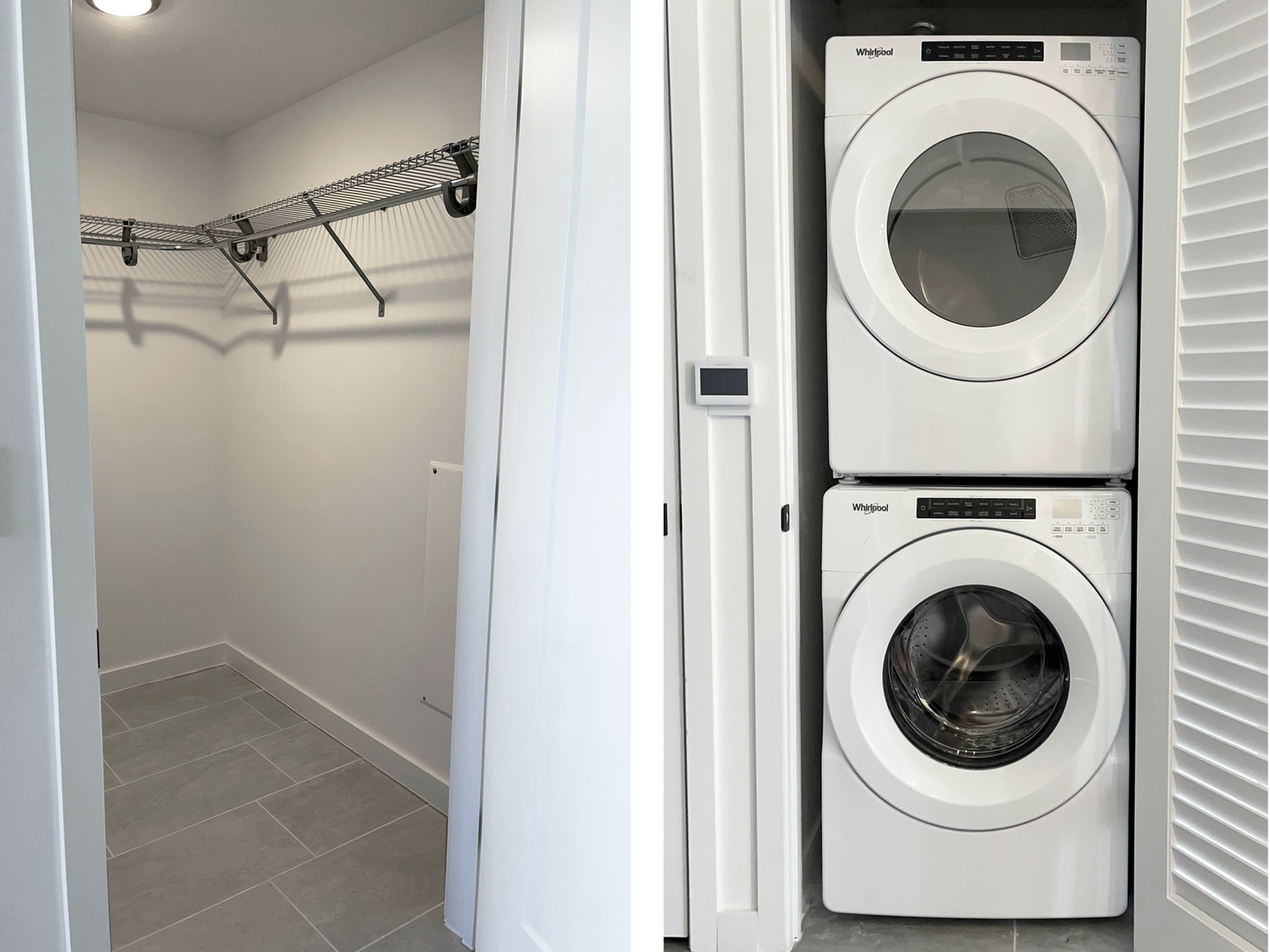 Split view: walk-in closet with wire shelving and a stacked washer/dryer in a laundry closet.