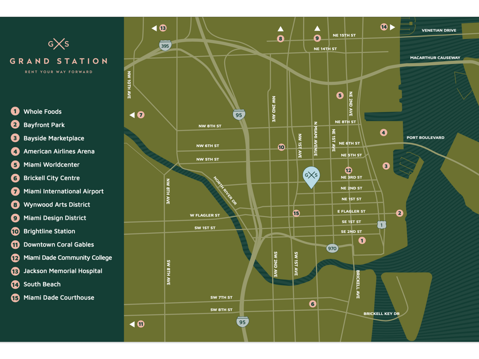 Stylized city map showing Grand Station location and surrounding streets.