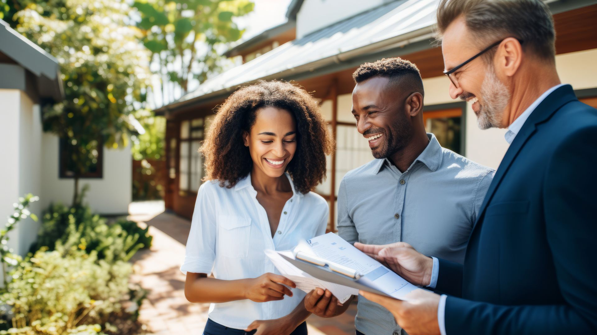 A man and a woman are standing in front of a house talking to a real estate agent.