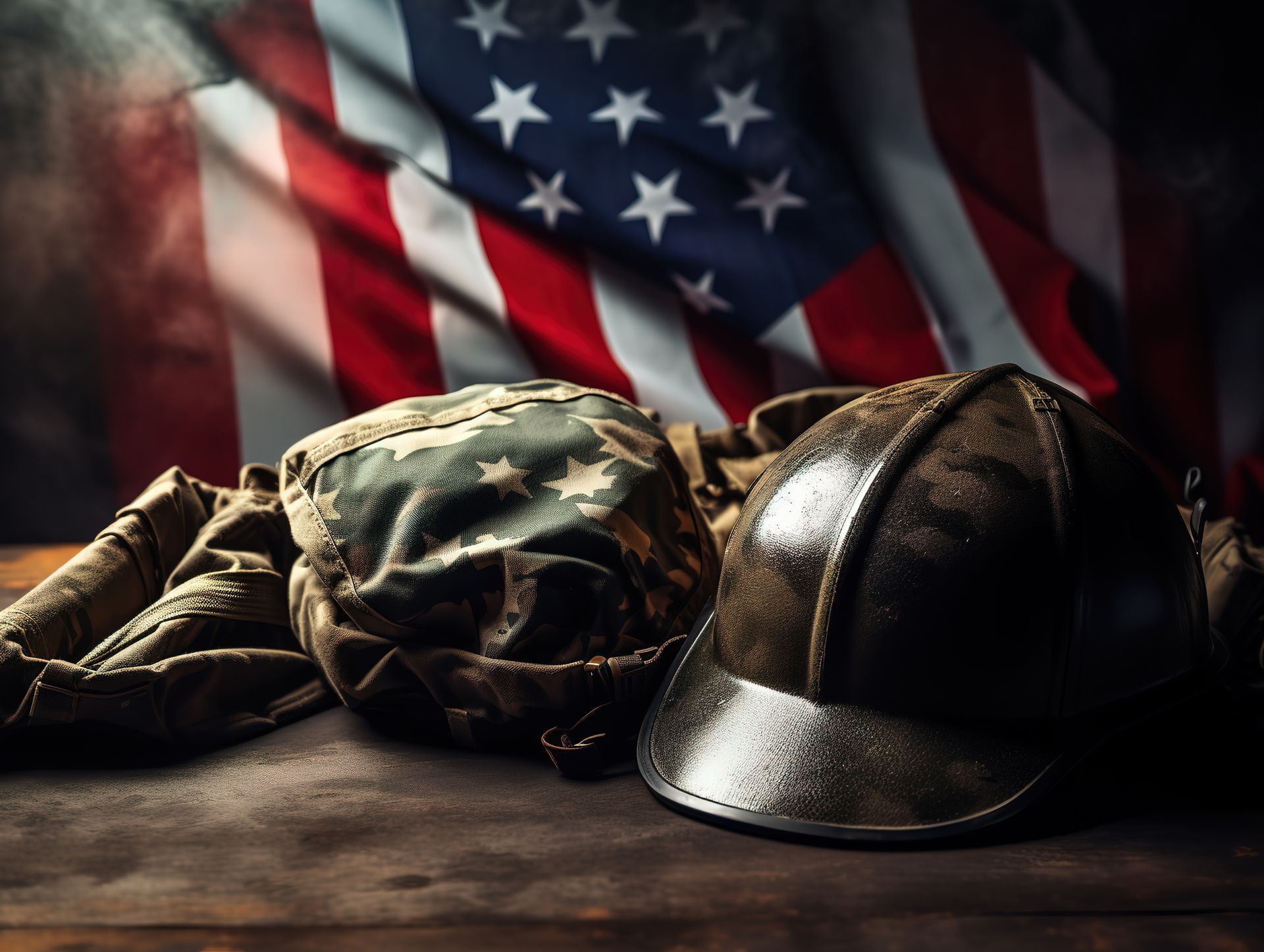 A soldier 's helmet and a fireman 's helmet are on a wooden table in front of an american flag.
