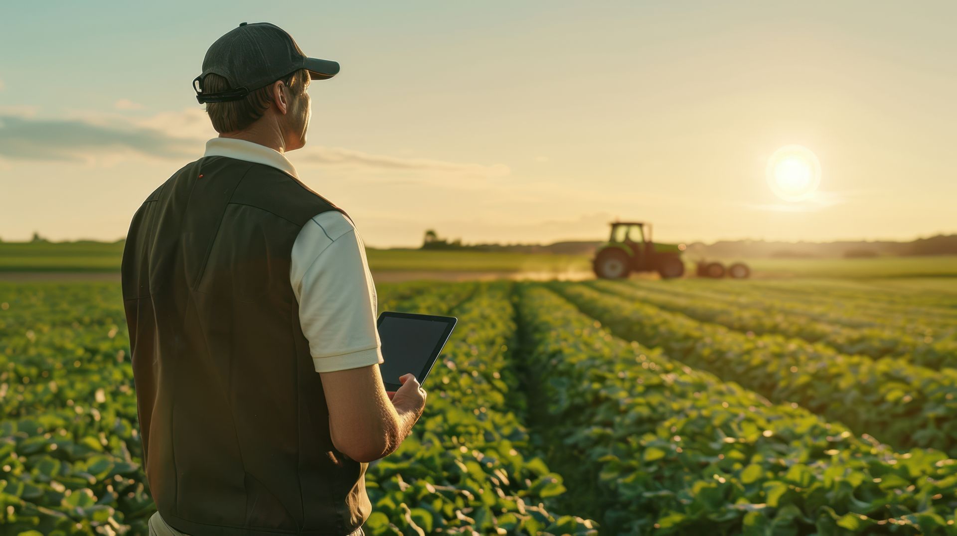A man is standing in a field with a tablet and a tractor in the background.
