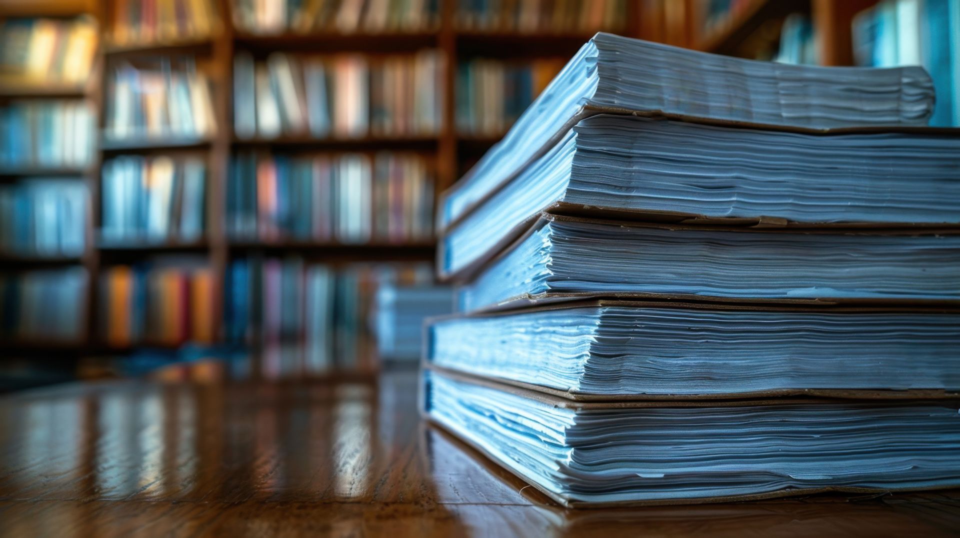 A stack of books is sitting on a wooden floor in a library.