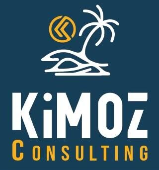 Kimoz Consulting A logo for kimoz consulting with a palm tree on a blue background.