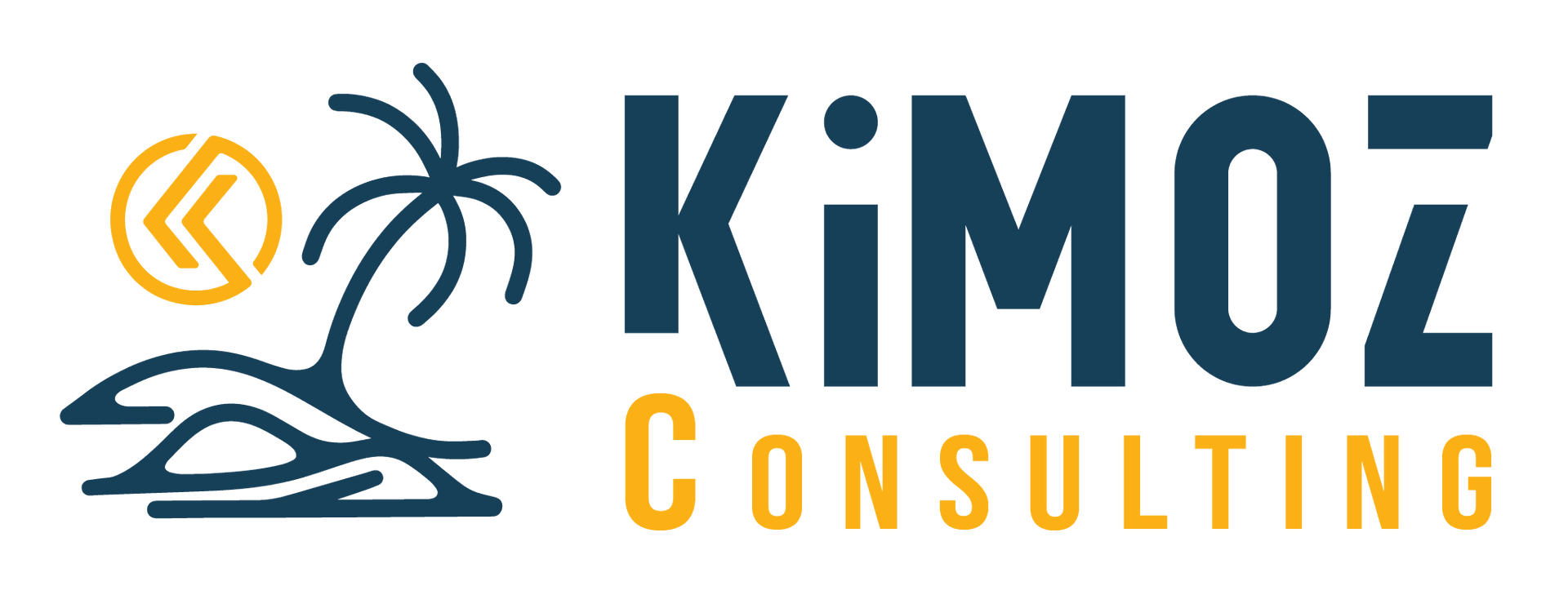 Kimoz Consulting The logo for kimoz consulting has a palm tree and a sun on it.