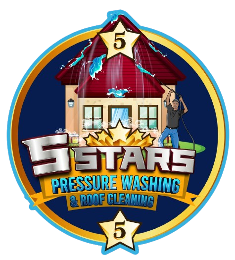 Logo for 5 Star Pressure Washing & Roof Cleaning, with a house, stars, and blue-gold circular border