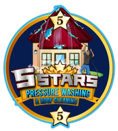 Logo for 5 Star Pressure Washing & Roof Cleaning, with a house, stars, and blue-gold circular border