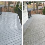 Two deck views showing white-painted boards and a black railing beside a yard.