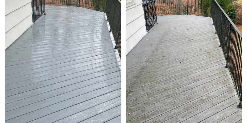 Wooden deck before and after power washing, showing a gray dirty surface beside a clean light deck.
