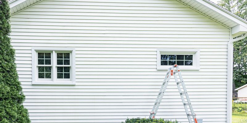 White house exterior with two windows and a ladder leaning against the wall under a narrow window