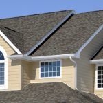 Suburban house roof and beige siding with a white-trimmed window under a blue sky