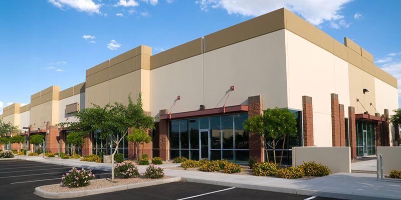 Strip mall storefronts with tan facades, glass windows, palm trees, and empty parking lot