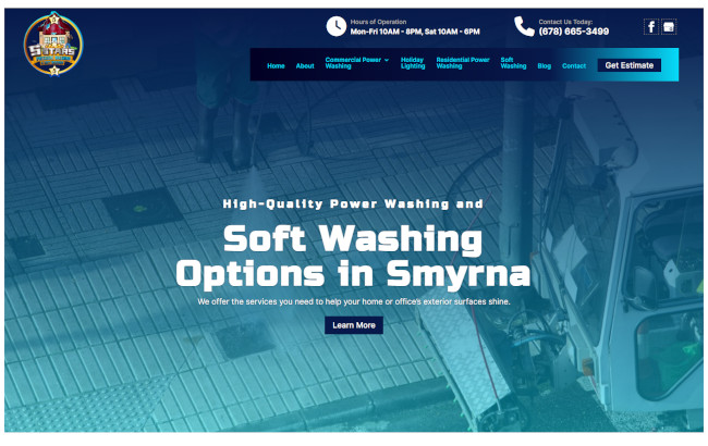 Website hero banner for soft washing services in Smyrna, with blue text overlay on a house exterior background