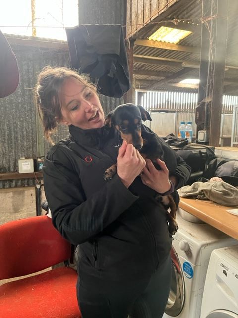 A person in a black jacket holds and interacts with a small black and tan puppy inside a rustic barn or utility room.