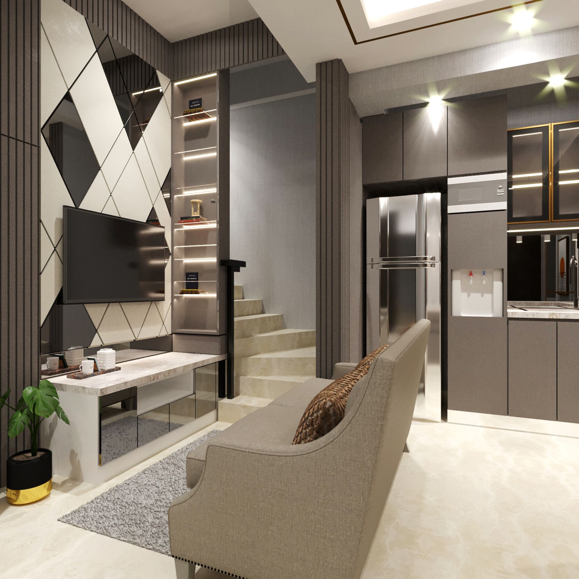 Modern living room with sofa, TV, built-in shelving, and stairs. Gray, black, and white color scheme.
