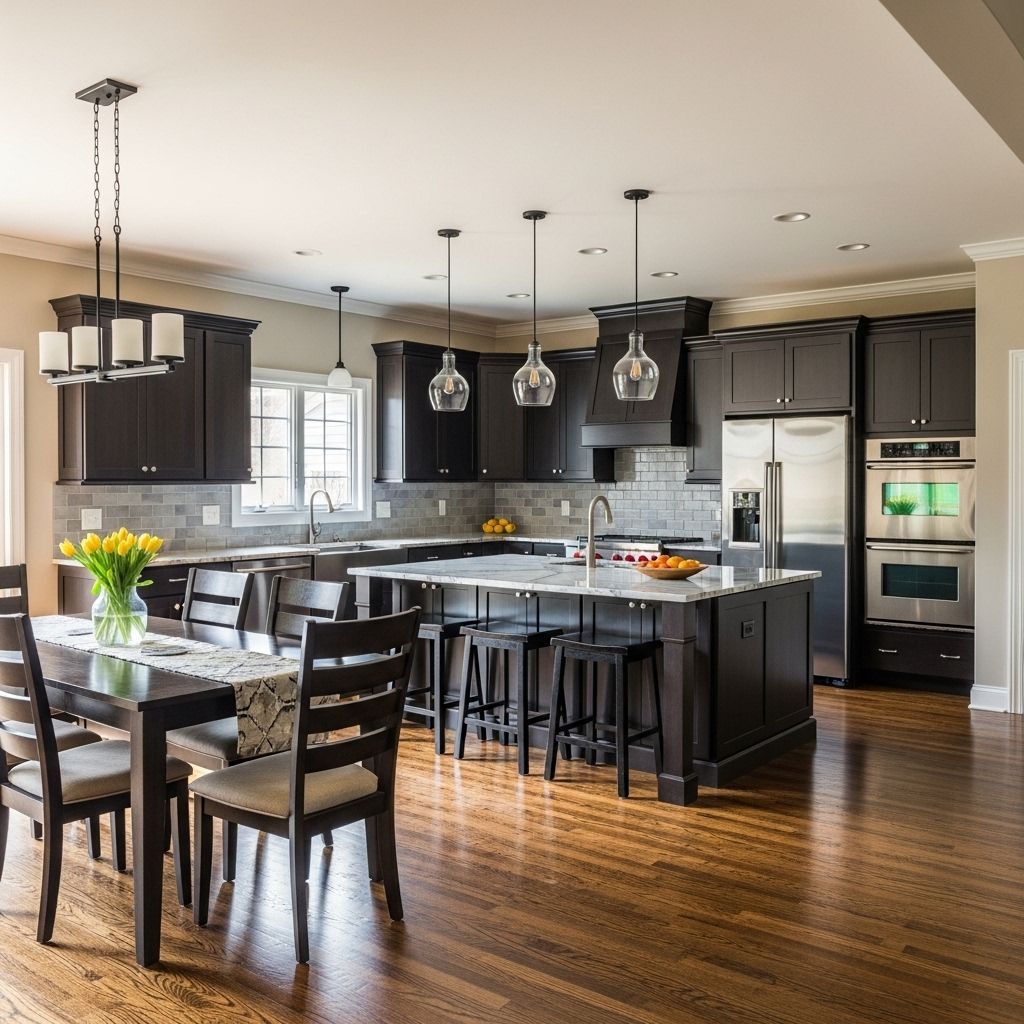 A modern kitchen with dark cabinets, marble countertops, stainless steel appliances, and a wooden floor.