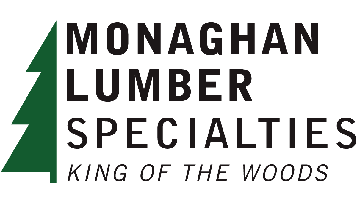 Monaghan Lumber Specialties logo with green pine tree and black text, “King of the Woods” slogan