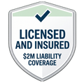 Shield badge reading “Licensed and Insured” with “$2M Liability Coverage” and a blue checkmark