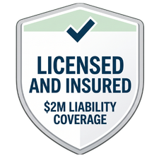Shield badge reading “Licensed and Insured” with “$2M Liability Coverage” and a blue checkmark