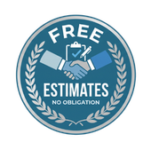 Blue circular badge reading “Free Estimates” and “No Obligation” with handshake icon.