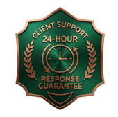 Blue badge reading “Client Support 24-Hour Response Guarantee” with clock icon and laurel branches