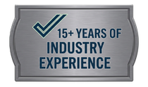 Silver badge with navy text and checkmark reading “15+ years of industry experience”