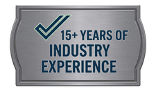 Blue-and-silver badge reading “15+ YEARS OF INDUSTRY EXPERIENCE”