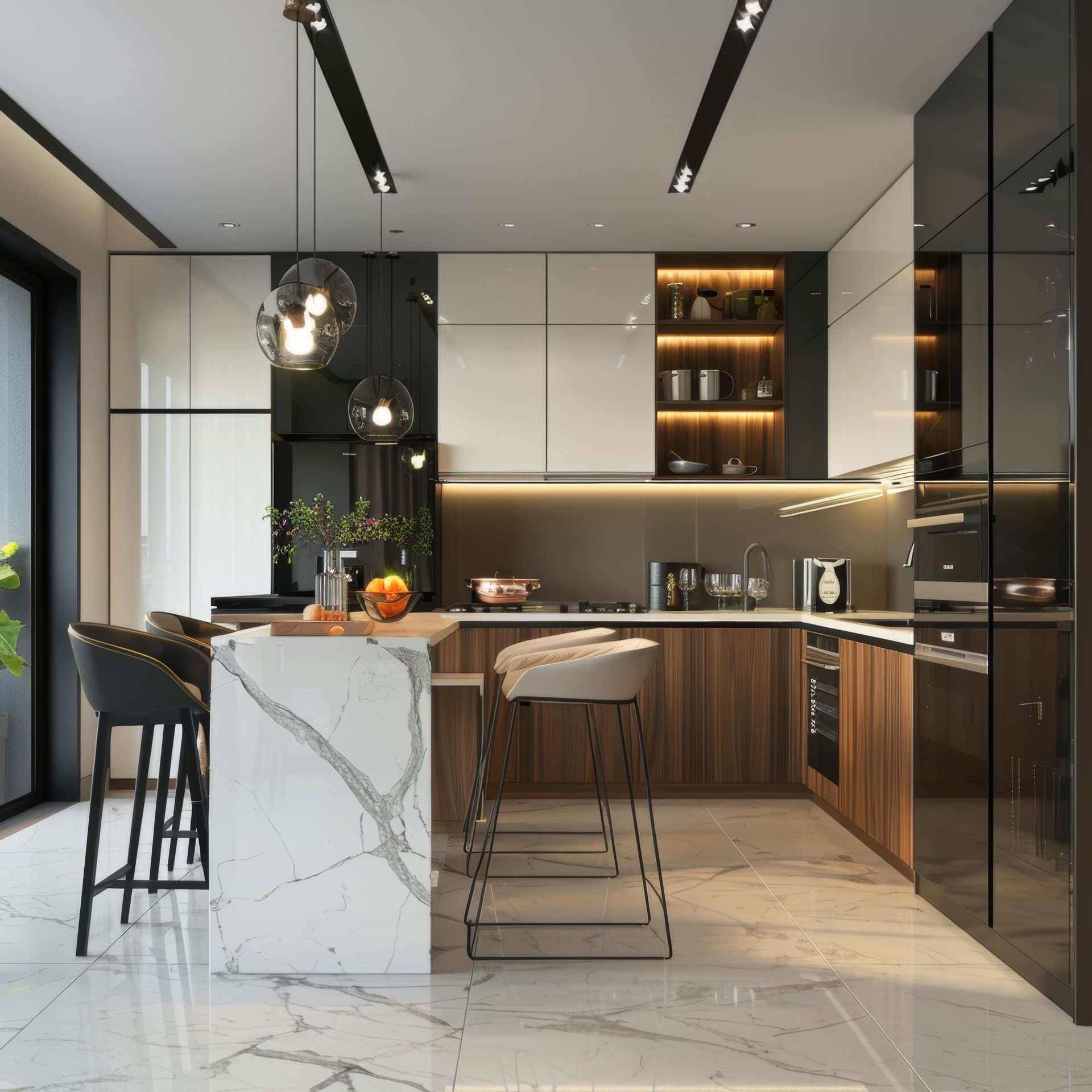Modern kitchen with white marble island, wood cabinets, and dark accents.