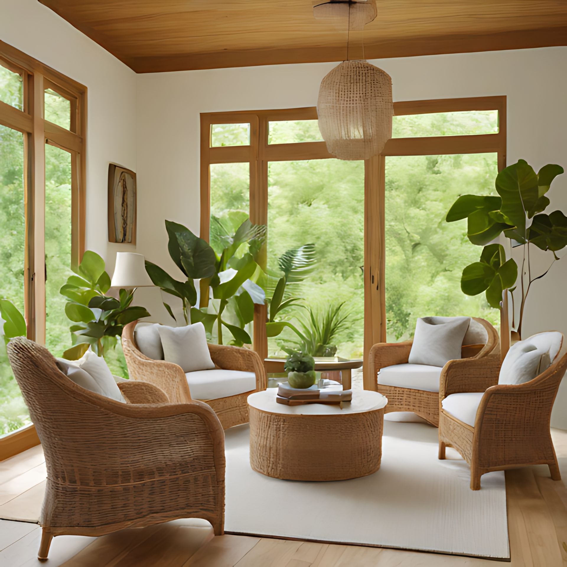 Cozy sunroom with wicker chairs, a round coffee table, and lush greenery outside the windows.