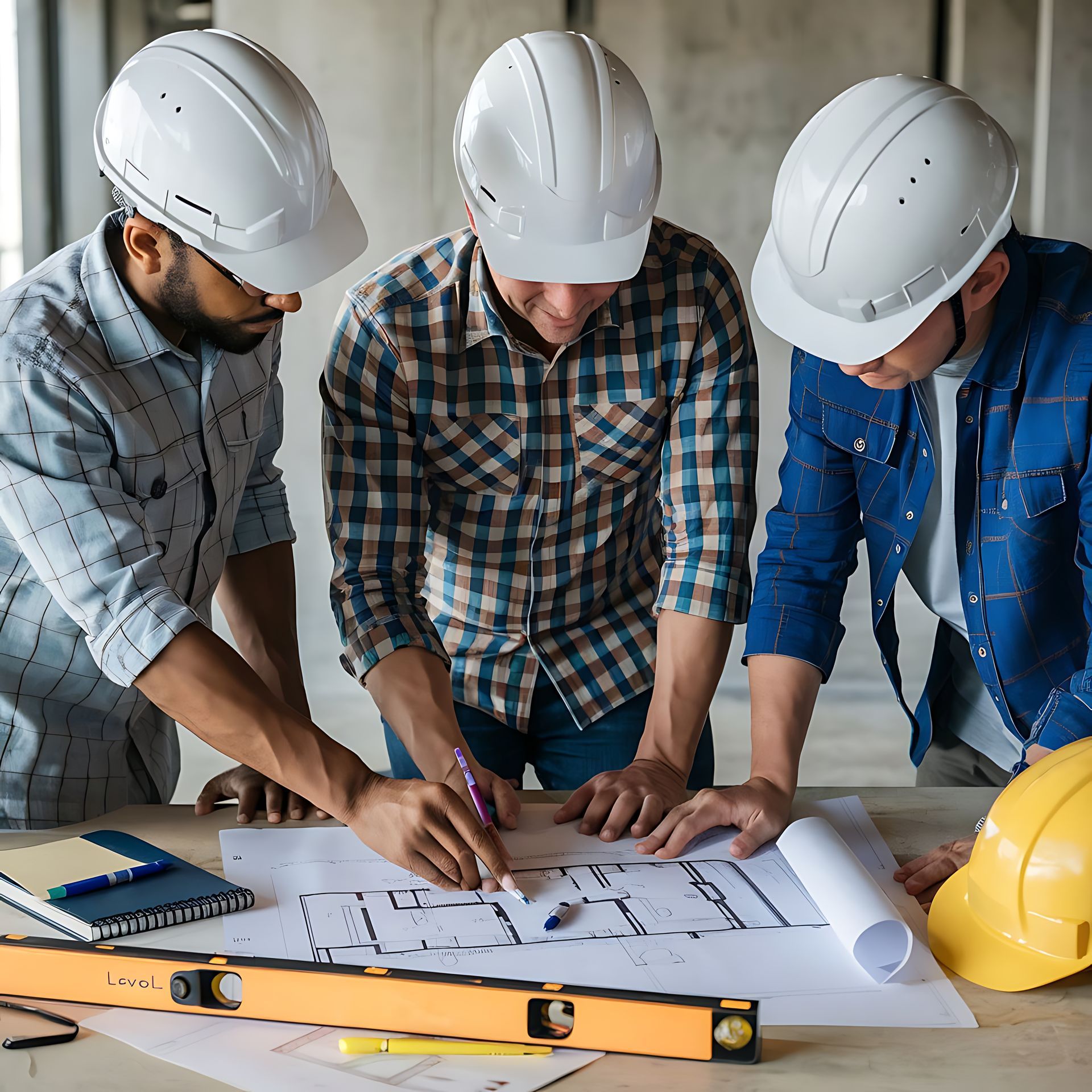 Three construction workers in hard hats reviewing blueprints.
